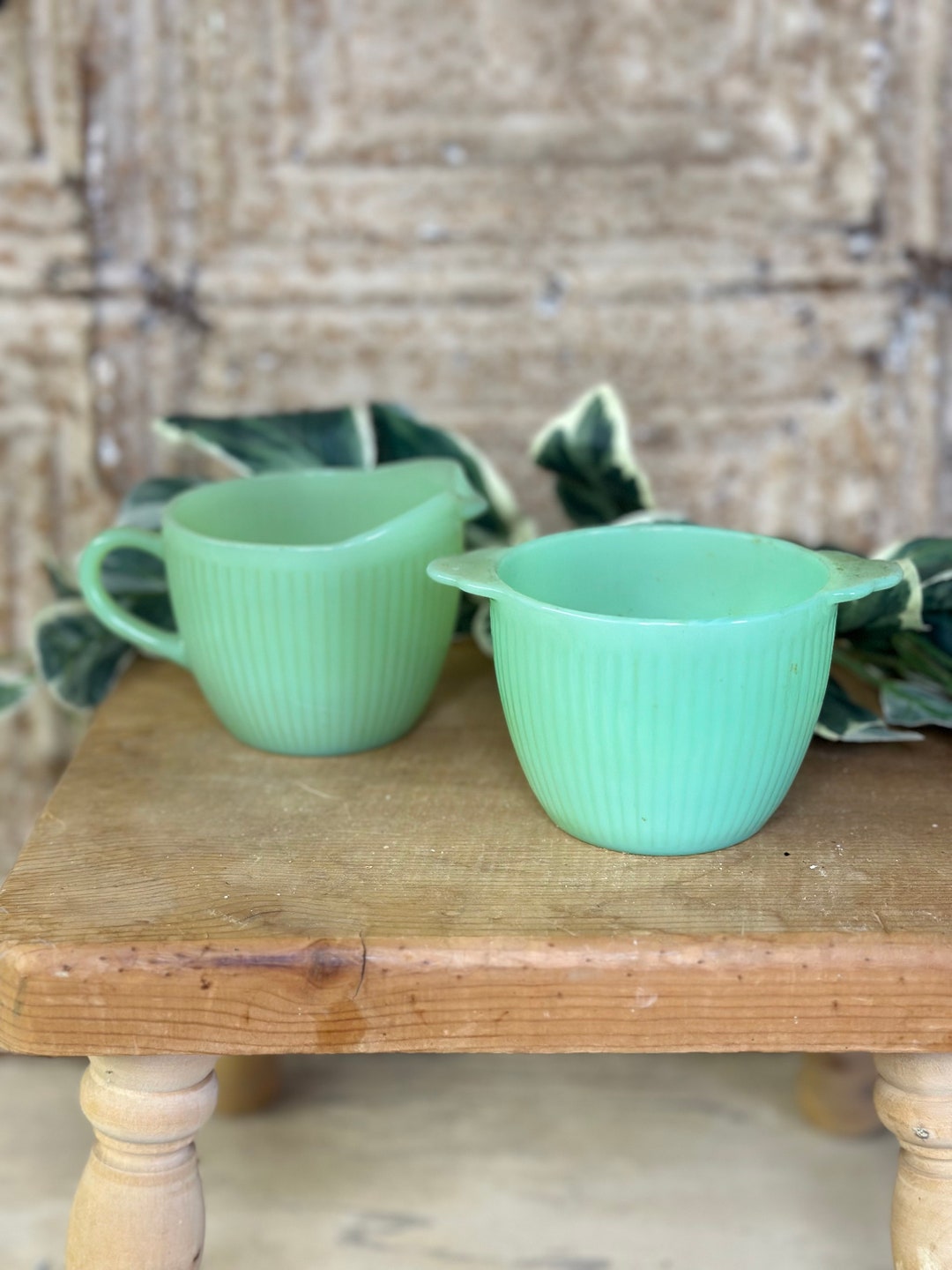 Vintage Jadeite Jane Ray Cream and Sugar Set, Creamer and Sugar Bowl by