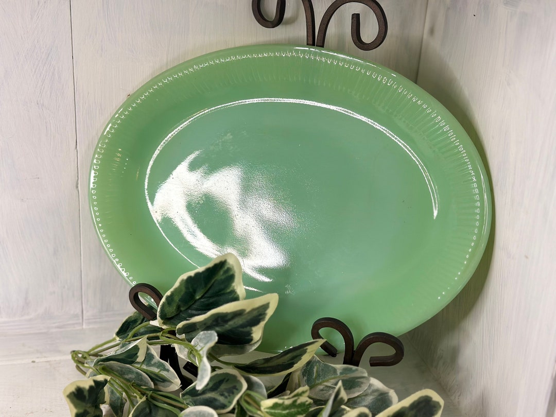 Vintage Oval Jadeite Platter Fire King Jane Ray Ribbed Etsy