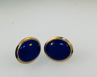 Lapis Lazuli Oval Cabochon Elegant Push back Earrings set in 14k Yellow Gold