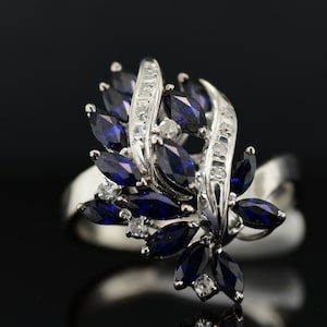 14k Marquis Sapphire and Diamond Ring, 14k 1.6 Carat Total Sapphire & Diamond Cocktail Ring Vintage Cluster Ring Sz 7.5 September Birthstone