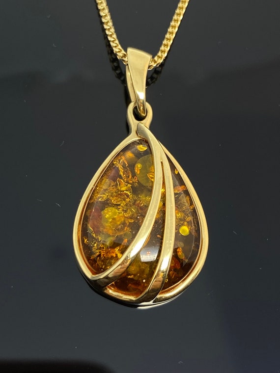 14k BOHO Modern Teardrop Ahmbur Pendant on 18" Ita