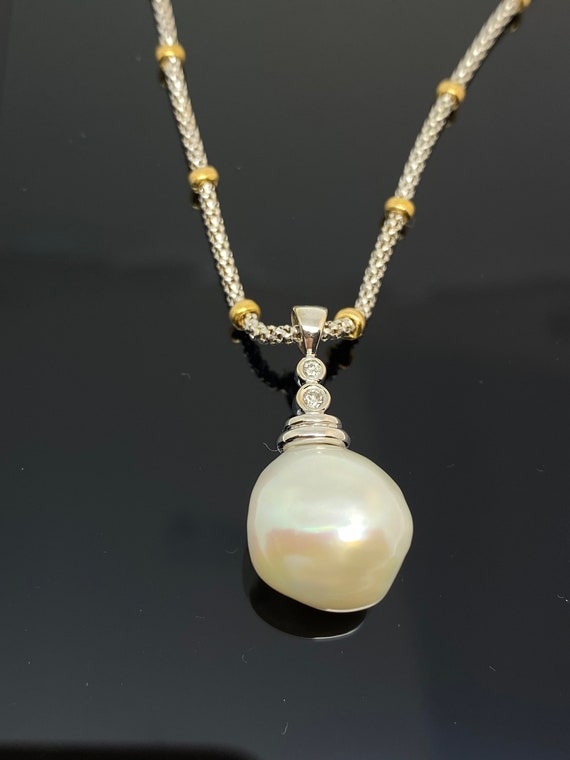 14k Gold Necklace with Diamonds & Pearl Pendant,  