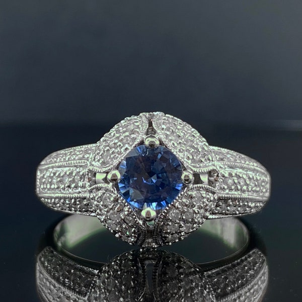 14K Ceylon Sapphire Custom Engagement Ring, White Gold Cornflower Blue Sapphire Ring w/ Diamond Pave Setting, Size 10, September Birthstone