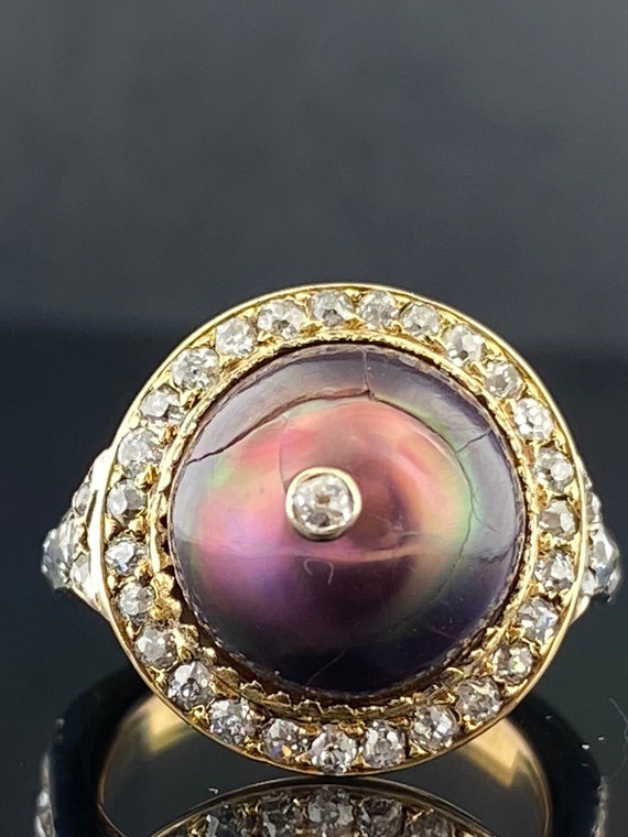14k Victorian Ultraviolet Pearl Diamond Halo Ring Yel… - Gem
