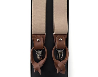 Beige Suspenders, Leather \ Clip-on tips