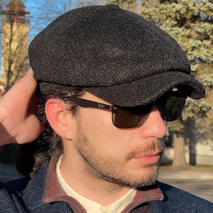 Berretto in tweed a spina di pesce Newsboy - Nero grafite