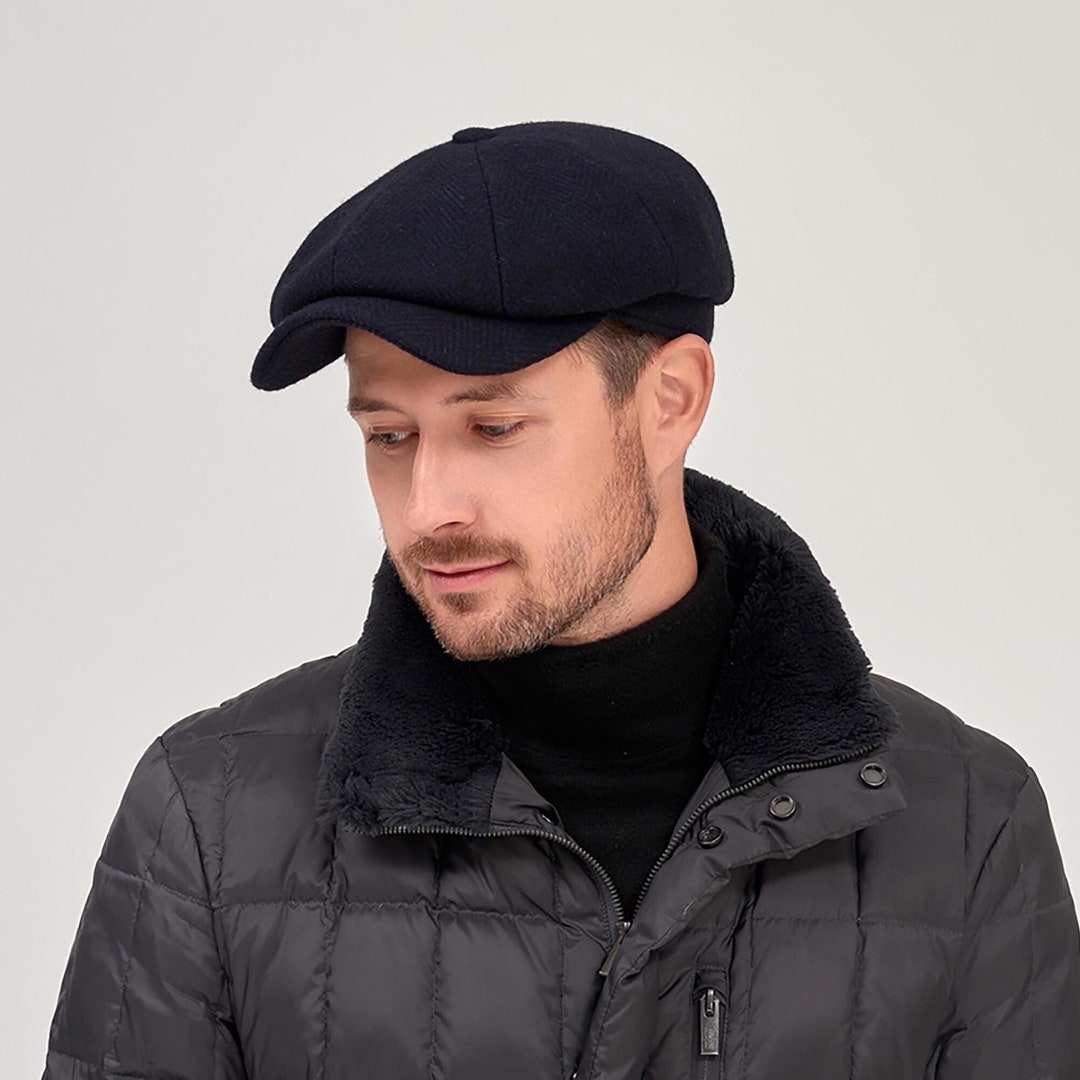 Herringbone Newsboy Tweed Cap - Black  Blue - Etsy