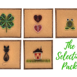 Pacchetto di carte di selezione, set di 5 - quadrifoglio fortunato, cuori, rana, gatto, casa - carte quilled - riciclate - ecologiche - fatte a mano - vuote all'interno