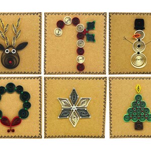Kerstkaartpakket, gemengde set van 6 - Milieuvriendelijk - Quilled Card - rendier, zuurstok, sneeuwpop, krans, sneeuwvlok, kerstboom