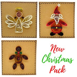 Confezione di biglietti di Natale, set misto di 3 - Buste riciclate - Ecologiche - Fatte a mano - Biglietti Quilled - Angelo, Babbo Natale, Omino di pan di zenzero