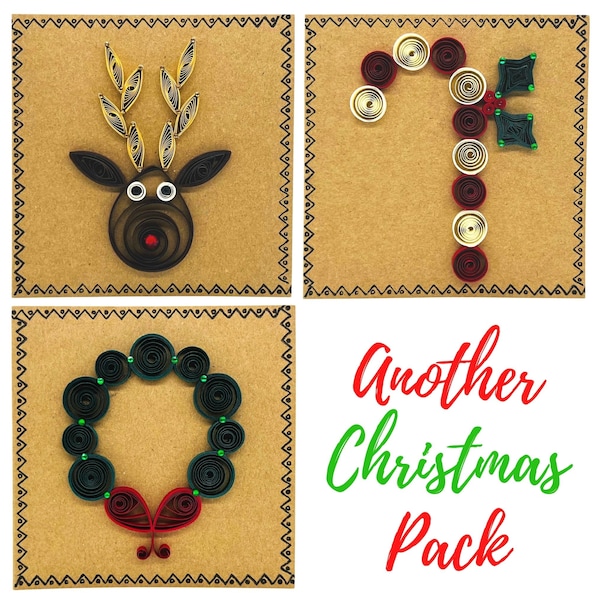 Christmas Card Pack, Mixed Set of 3 - Recycled Envelopes - Eco-friendly - Handmade - Quilled Card - Candy Cane, Reindeer, Wreath