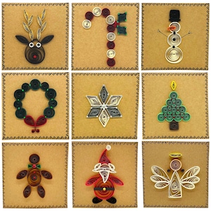Ultiem kerstkaartenpakket, gemengde set van 9 - Milieuvriendelijk - Quilled Card - Feestelijke handgemaakte kaarten - Seizoenskleuren - Traditioneel