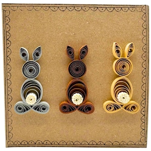 Trio de lapins piquants - Pâques - lapins gris, bruns et beiges avec queue blanche duveteuse - recyclé - respectueux de l'environnement - fait main - intérieur vierge