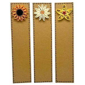 Paquete de marcapáginas con flores, juego mixto de 3: girasol, margarita y narciso, flores hechas con filigrana, cartón reciclado, ecológico, hecho a mano