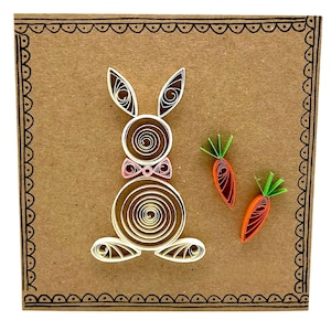Quilling Hase Karte - Weißer Osterhase mit Pink Fliege und orangen Karotten - Recycled - Eco-Friendly - Handgemacht - Innen leer