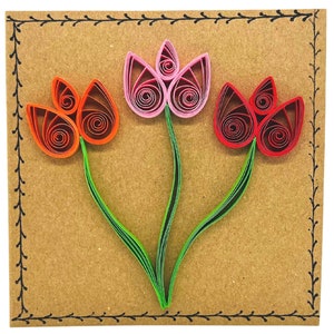 Tulip Flower Design Card - Orange, Pink and Red - Flower Bouquet - Quilled Card - Recycled - Eco-Friendly - Handmade - Blank Inside
