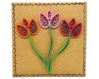 Tulip Flower Design Card - Orange, Pink and Red - Flower Bouquet - Quilled Card - Recycled - Eco-Friendly - Handmade - Blank Inside