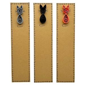 Pacote de marcadores de gato, conjunto misto de 3 - gatos com penas cinza, preto e laranja - cartão reciclado - ecológico - feito à mão