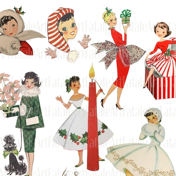 Noël des années 50 dames Clipart PNG séparé téléchargement immédiat femmes vintage pour sublimation fabrication de cartes coupe difficile Junk Journal découpage