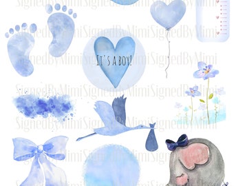 Baby Boy Shower Clipart Instant Download Blue Watercolor Separate PNG Nursery Decor Baby Feet Balloons Watercolor Clipart Digital Download