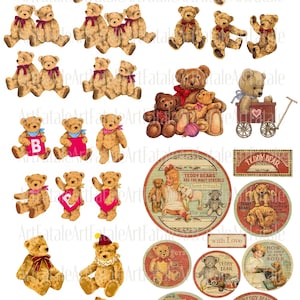 Clipart séparé mignon ours en peluche pour autocollants, journaux indésirables, baby shower, décoration de chambre d'enfant, carte d'invitation téléchargement immédiat nounours vintage PNG