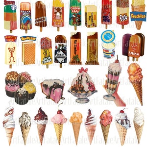 54 Instant Download Ice Cream Summer Clipart Separate Vintage Digital Image Decoupage, Junk Journal, Cards, Scrapbook, Fussy Cut PNG