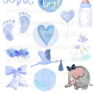 Baby Boy Shower Clipart Instant Download Blue Watercolor Separate PNG Nursery Decor Baby Feet Balloons Watercolor Clipart Digital Download