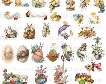 29 Natychmiastowe pobieranie Vintage Easter Vintage Bunny Easter Eggs Oddzielny obraz cyfrowy Decoupage, wystrój pokoju dziecięcego, Baby Shower, Junk Journal PNG