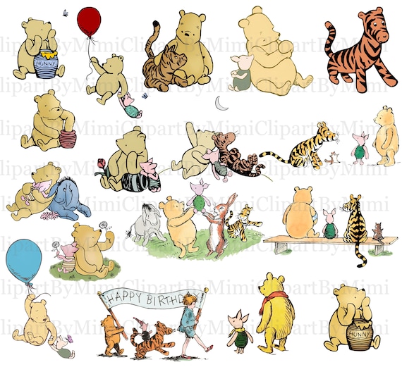 17 Instant Download Winnie the Pooh Classic Vintage Winnie Separate Digital Image Decoupage, Nursery Decor, Baby Shower, Junk Journal PNG