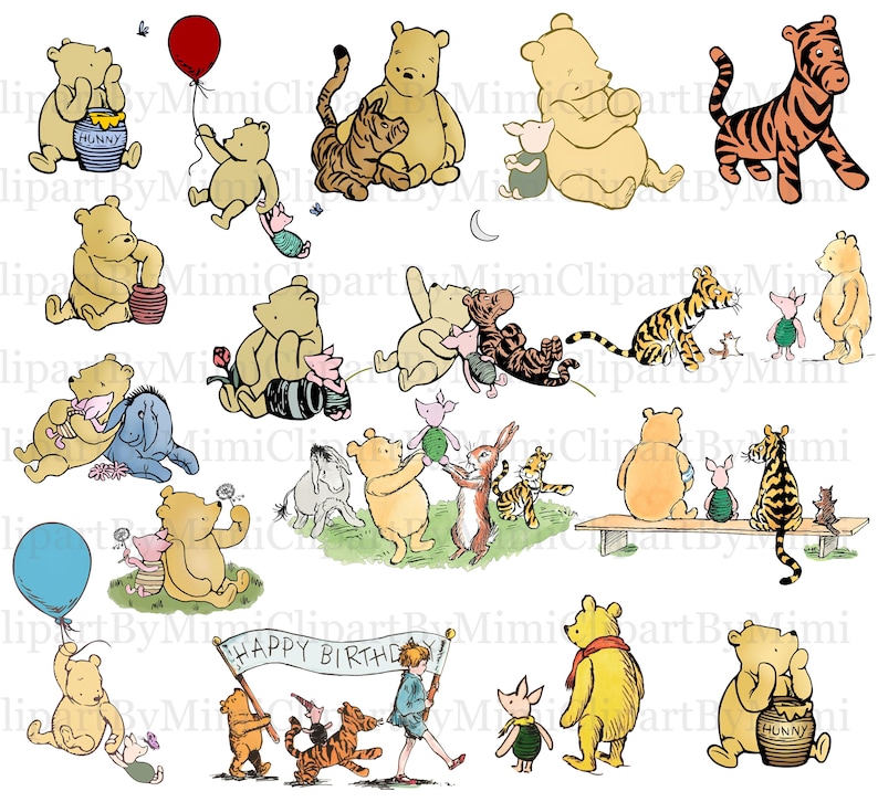May include: A collection of Winnie the Pooh and Tigger illustrations. The illustrations feature Winnie the Pooh, Tigger, Piglet, and Eeyore in various poses and settings. The illustrations are in a cartoon style and are colorful. The illustrations are perfect for use in scrapbooking, card making, and other craft projects.