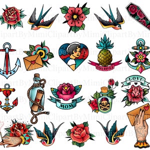 Tatuajes vintage separados, tatuajes de la vieja escuela, flores, pegatinas digitales, diario basura, álbum de recortes, tarjetas, clipart retro, descarga instantánea PNG