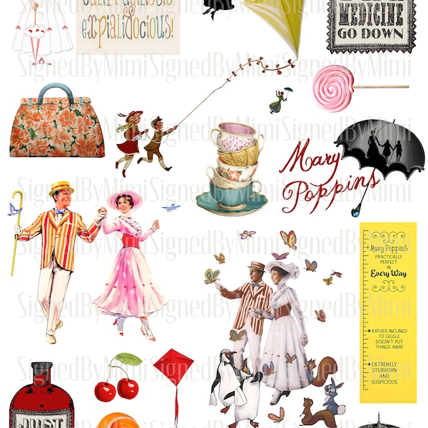 Mary Poppins Separate Instant Download Separate Digital Image Decoupage, Nursery Decor, Baby Shower, Junk Journal, Cards, Fussy Cut PNG