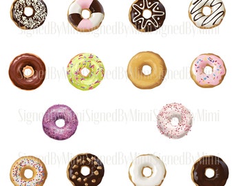 May include: A collection of 18 colorful donuts with various toppings, including sprinkles, chocolate, and frosting. The donuts are arranged in a grid pattern on a white background.