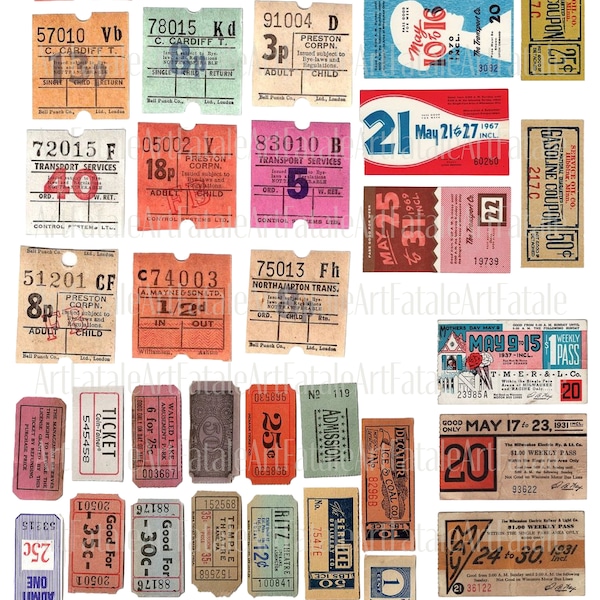 Vintage Tickets Coupons Number Labels Junk Journaling Digitals Collage Digital Tickets Printable Tags, Junk Journal Ephemera, Embellishments