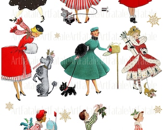 Könnte beinhalten: Eine digitale Collage aus neun Vintage-Illustrationen von Frauen in verschiedenen Weihnachtsoutfits. Die Frauen tragen rote, grüne und schwarze Kleider mit weißen Akzenten. Einige der Frauen halten Geschenke, während andere Hunde ausführen oder Stechpalmen tragen.