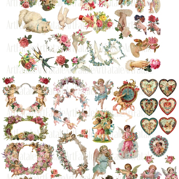 Love Spring Ephemera Printable Victorian Digital Collage Bundle Junk Journal Card Scrapbooking Cutout Instant Download Flowers Frames Cupid