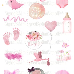 Baby Mädchen Dusche Clipart Sofort Download Rosa Aquarell PNG, Kinderzimmer Dekor Baby Füße Ballons Baby Aquarell Clipart Digital Download