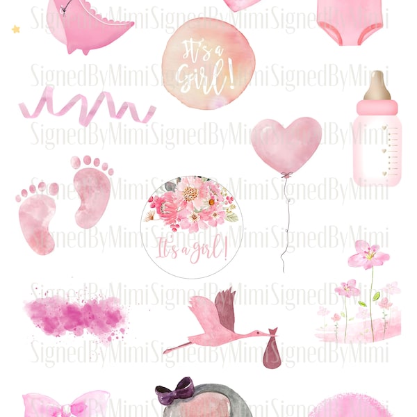 Baby Girl Shower Clipart Instant Download Pink Watercolor PNG, Nursery Decor Baby Feet Balloons Baby Watercolor Clipart Digital Download