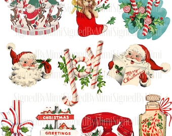 May include: A set of vintage Christmas clip art images featuring a red and white candy cane, a red and white striped bow, a red and white carousel, a red and white Santa Claus, a red and white phone, a red and white stocking with a puppy, a red and white sign with the words "Christmas Greetings" and "And So Greet", and a red and white bottle with a red and white candy cane design.