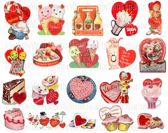 Vintage Sweets Valentines Clipart Digital Separate PNG Retro Candy Clipart for Card Making Decoupage Junk Journal Valentine's Day Printables