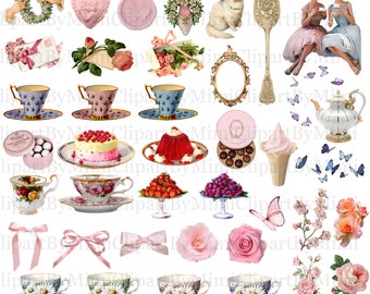 水彩ピンクのティークリップアートセット：花柄ティーパーティー
