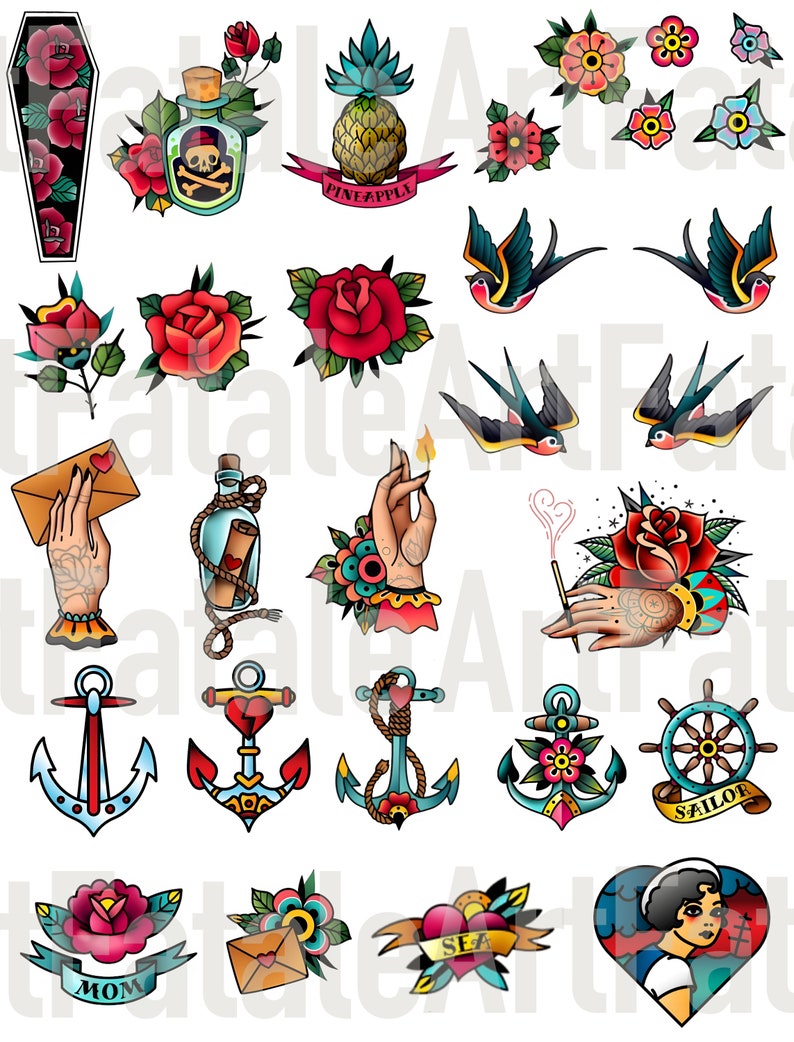 Vintage Tattoos Old School Tattoo Flowers for Stickers Junk - Etsy