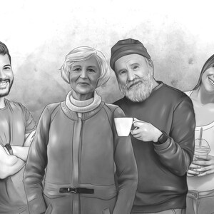 Puede incluir: Un dibujo en blanco y negro de cuatro personas, dos mujeres y dos hombres, de pie juntos. Las mujeres llevan chaquetas y los hombres llevan jers&eacute;is. Un hombre sostiene una taza de caf&eacute;.