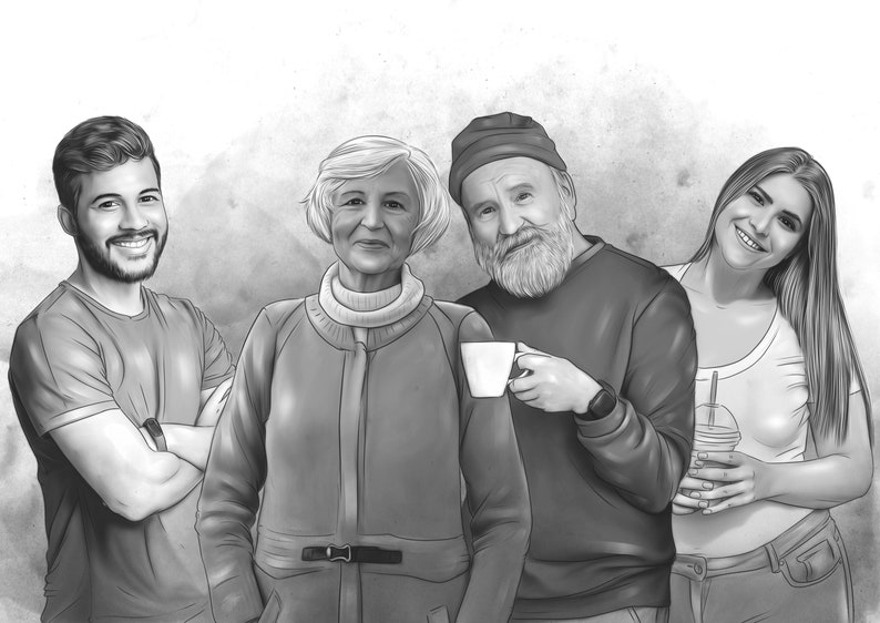Puede incluir: Un dibujo en blanco y negro de cuatro personas, dos mujeres y dos hombres, de pie juntos. Las mujeres llevan chaquetas y los hombres llevan jers&eacute;is. Un hombre sostiene una taza de caf&eacute;.