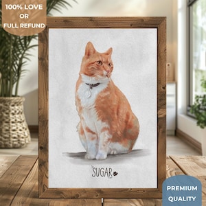 May include: A watercolor painting of an orange tabby cat with white markings sitting on a white background. The cat has a collar with a tag that says "Sugar".