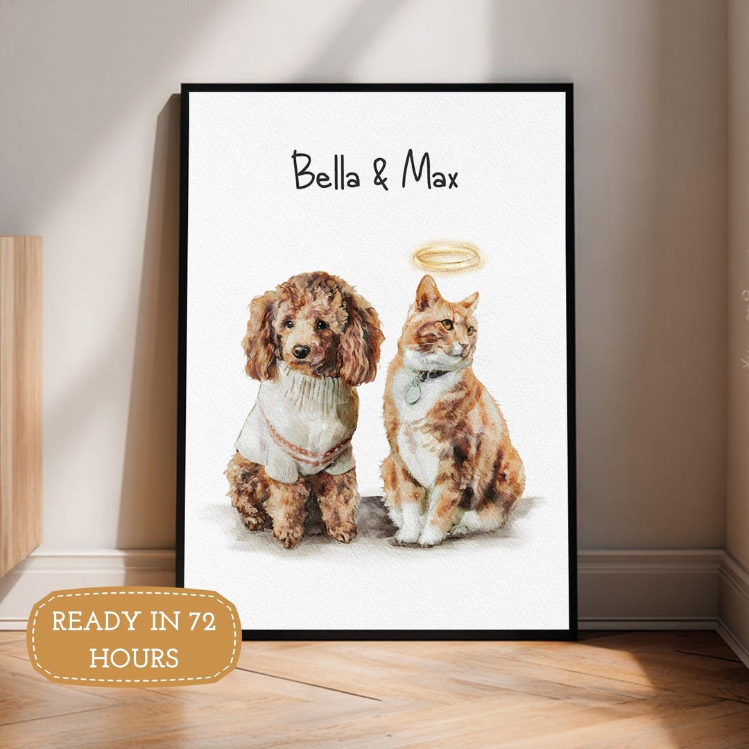 Custom Watercolor Painting Using Pet Portrait With Name Custom Cat Dog ...