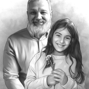 Puede incluir: Un dibujo en blanco y negro de un hombre con barba y una ni&ntilde;a peque&ntilde;a. El hombre sonr&iacute;e y tiene el brazo alrededor de la ni&ntilde;a. La ni&ntilde;a sostiene un peque&ntilde;o ramo de flores.