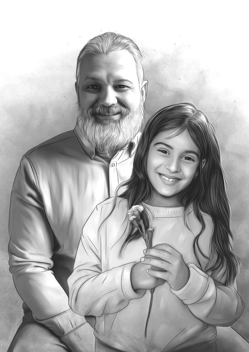 Puede incluir: Un dibujo en blanco y negro de un hombre con barba y una ni&ntilde;a peque&ntilde;a. El hombre sonr&iacute;e y tiene el brazo alrededor de la ni&ntilde;a. La ni&ntilde;a sostiene un peque&ntilde;o ramo de flores.
