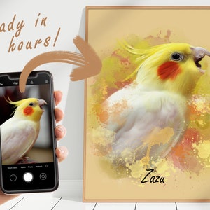 May include: A watercolor painting of a yellow and white cockatiel with a red patch on its head. The bird is singing with its beak open. The background is a light brown with yellow and orange watercolor splatters. The bird's name, "Zazu", is written in black at the bottom of the painting.