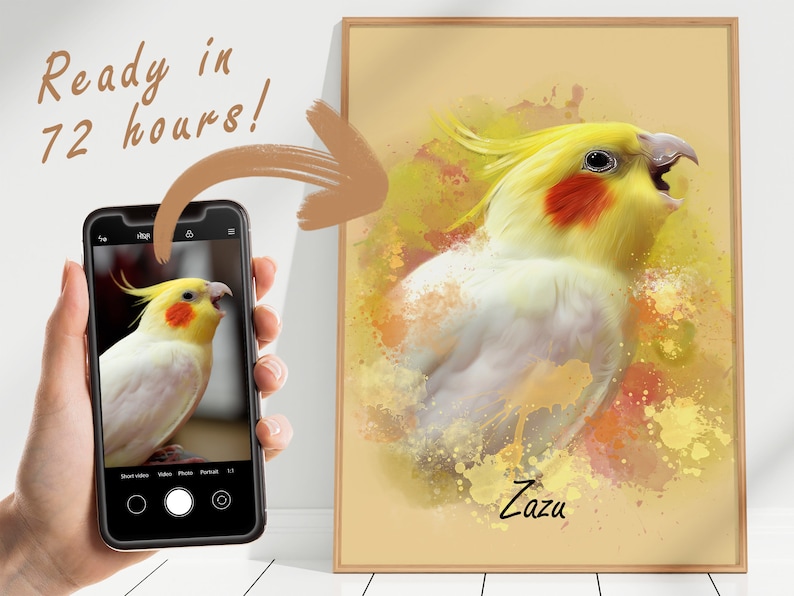 May include: A watercolor painting of a yellow and white cockatiel with a red patch on its head. The bird is singing with its beak open. The background is a light brown with yellow and orange watercolor splatters. The bird's name, "Zazu", is written in black at the bottom of the painting.